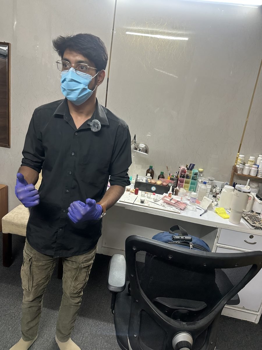 Researcher at the laboratory bench with phantom materials